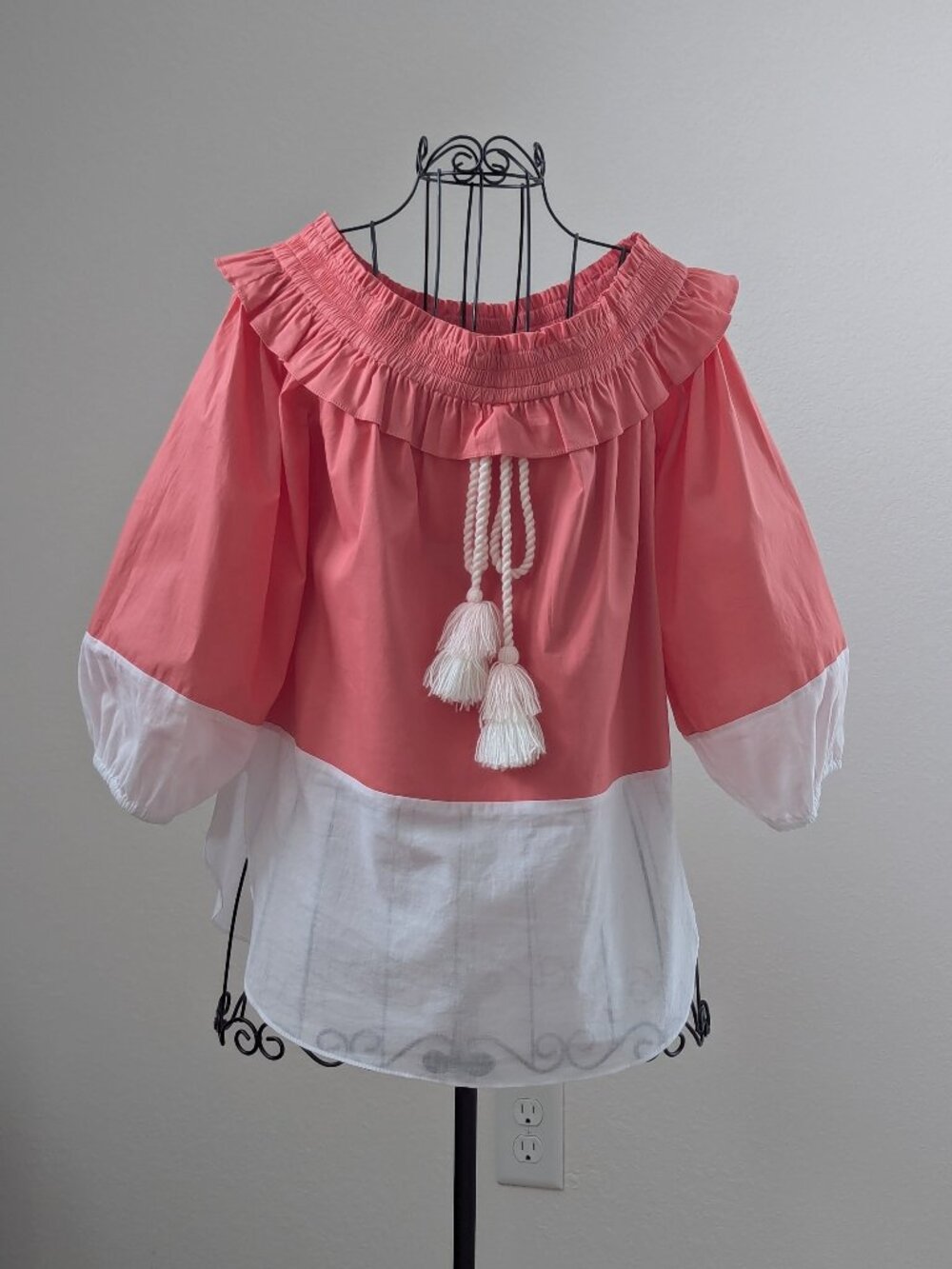MISA Los Angeles Coral Red White Cotton Off Shoulder Peasant Blouse S